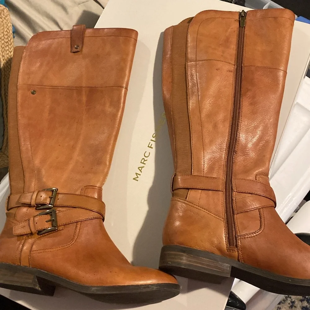Marc Fisher Audrey Riding Boots Brown/Tan Leather Tall Buckle Women’s 7